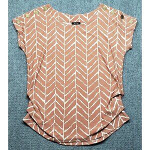 AUW Blouse Womens M Brown White Striped Boat Neck Button Cap Sleeve Pullover